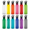 A drink bottle collection featuring translucent designs in clear, yellow, orange, pink, red, green, blue, purple, and grey, with black caps.