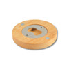 A bamboo bottle opener coaster featuring a stainless steel opener and circular design with two grip pads.