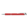 A red metal pen with a sleek design and silver accents, featuring two subtle stripes.