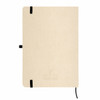 A beige A5 notebook made from sugarcane, featuring a black elastic closure and a logo.
