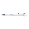 A plastic pen featuring a clear barrel and a white grip, with a chrome clip and tip.