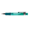 A plastic pen featuring a transparent barrel and a teal grip, complemented by a shiny silver clip and tip.
