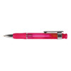 A vibrant pink plastic pen with a clear barrel and chrome accents, featuring a contoured grip for comfortable writing.