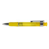 A yellow plastic pen with a chrome clip and a transparent barrel.