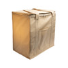 A tan cooler bag with a zip closure, featuring sturdy handles and a side pocket. It also has a logo.
