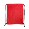 A red drawstring backpack with black cords, featuring a simple design without additional elements.