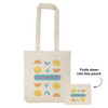 An off-white tote bag with a fruit design and a logo. It folds into a small pouch for easy storage.