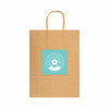 A large brown paper bag with a light blue logo in the centre and handles.