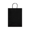 A large black paper bag with handles, featuring a simple design and a logo.