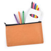 A brown pencil case containing several coloured pencils and crayons in various bright colors.