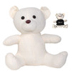 A plush white bear with a stitched design, accompanied by a smaller bear featuring a black shirt.