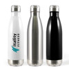 A drink bottle set featuring stainless steel in black, silver, and white with a logo on the white bottle.
