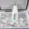 A drink bottle in white with a silver cap, nestled among ice cubes in a cooler, featuring a logo.