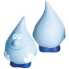 A blue water drop stress reliever with a smiling face and blue base, featuring a playful, cartoonish design.