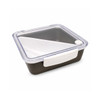 A square, black lunch box with a clear lid and a white handle, featuring a logo.