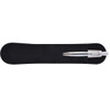 A silver metal pen rests on a black velvet-like holder, showcasing its sleek design and finishing.