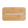 A bamboo lunch box lid featuring a phone holder slot. The lid has a smooth, natural finish.