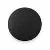 A black round food container with a smooth surface and a subtle branding element.