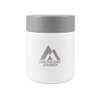 A white food container with a grey lid, featuring a logo with mountain graphics.