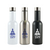 A drink bottle set featuring three styles: white, stainless steel, and black, each with a branding logo.