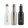 A drink bottle set featuring three vacuum flasks in white, stainless steel, and black, each with a logo.