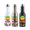 A drink bottle set featuring three vacuum bottles in white, stainless steel, and black, each with a colorful logo design.