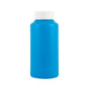 A drink bottle in bright blue with a white screw cap and a smooth exterior. It has a logo on the surface.