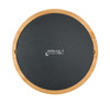 A round bamboo cheese board with a black slate top and a logo printed on it.