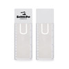 A translucent white bookmark magnifier ruler with a logo, featuring measurement markings on one side.