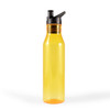 A drink bottle with a transparent yellow body and a black, flip-top spout design.
