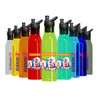 A drink bottle in various colors including clear, red, green, blue, and orange, each featuring a logo.