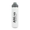 A drink bottle in white with a grey lid and a logo. Ideal for keeping beverages hot or cold.