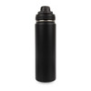 A drink bottle made of stainless steel, featuring a matte black finish and a screw-on lid with a logo.