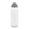 A drink bottle made of white stainless steel with a grey screw-on lid and a logo. Ideal for keeping beverages hot or cold.