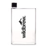 A drink bottle with a clear body, black cap, and a mountain logo. It features a minimalist design.