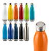 A drink bottle collection featuring various colours, including orange, blue, green, black, and stainless steel, with a metallic cap.