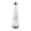 A drink bottle in white stainless steel with a silver cap and a logo displayed on the side.