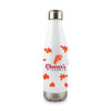 A drink bottle with a white body featuring orange splatter designs and a logo. It has a stainless steel base.