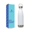 A drink bottle with a stainless steel bottom, white body, and a hanger lid, packaged in a blue box with branding.