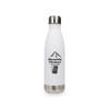 A drink bottle in white with a stainless steel base, featuring a logo and mountain graphic.
