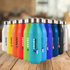 A collection of colorful aluminium drink bottles in various shades, each featuring a logo.