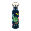 A drink bottle in navy blue, featuring a floral design and a metal cap, with a logo on the front.