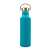 A drink bottle made of recycled aluminum, featuring a vibrant turquoise finish and a stainless steel lid with a handle.