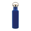 A drink bottle made of recycled aluminum, featuring a shiny blue finish and a silver metal cap with a handle.