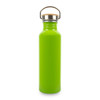 A drink bottle made of recycled aluminium in bright green with a stainless steel cap and bamboo accent.