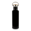 A drink bottle in sleek black aluminium with a stainless steel lid and wooden accent. Features a logo.