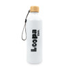 A drink bottle in matte white with a bamboo lid and a black logo. Features a convenient carry strap.