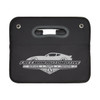 A black storage organiser with a handle and a logo featuring a car silhouette.