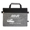 A grey felt satchel with a black top and a zip, featuring a logo and contact details for RV rentals.