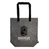 A grey tote bag with black handles and a logo, featuring a minimalist design.